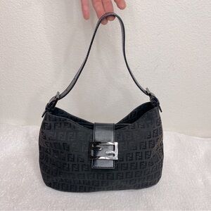 Vintage Authentic Fendi Black Monogram Zucca Canvas Flap Shoulder Bag Luxury